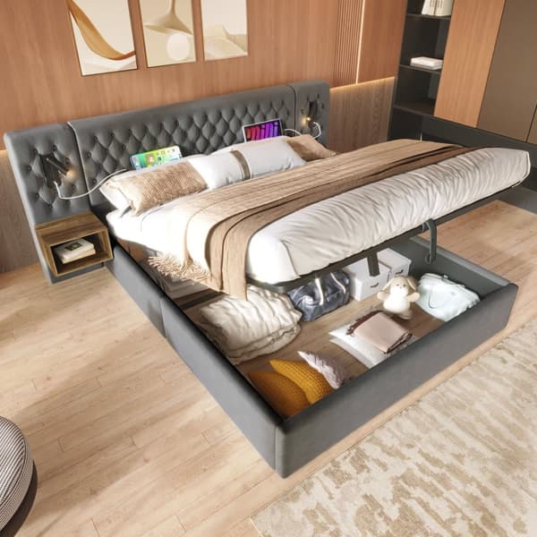 Sammetssäng med förvaringsutrymme 160 x 200 cm - 2 sängbord + 2 läslampor med USB-anslutning - Grå (madrass ingår ej)