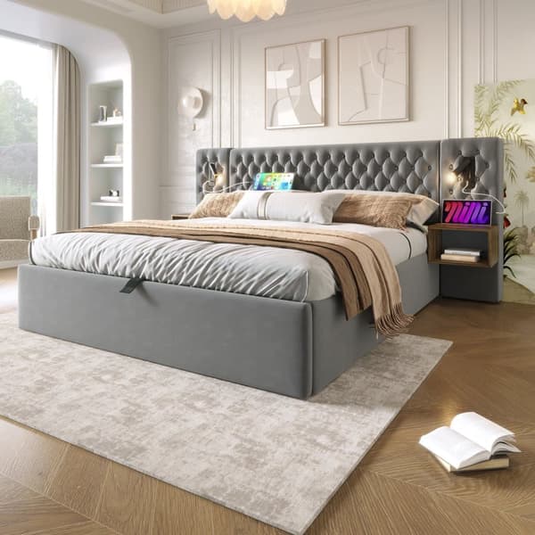 Sammetssäng med förvaringsutrymme 160 x 200 cm - 2 sängbord + 2 läslampor med USB-anslutning - Grå (madrass ingår ej)