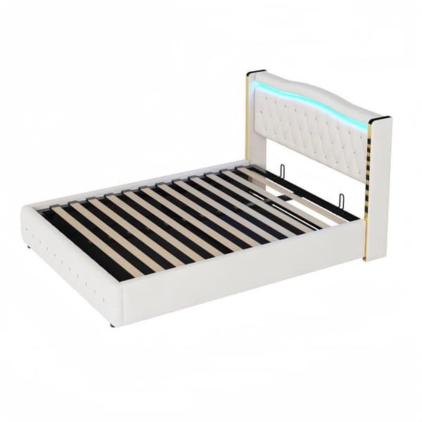 Polstret opbevaringsseng 140x200 cm med LED-belysning - Velour Stof - Beige