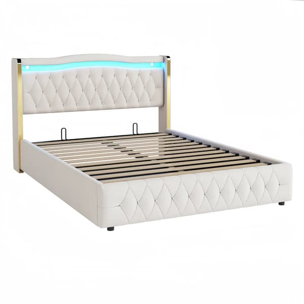 Polstret opbevaringsseng 140x200 cm med LED-belysning - Velour Stof - Beige