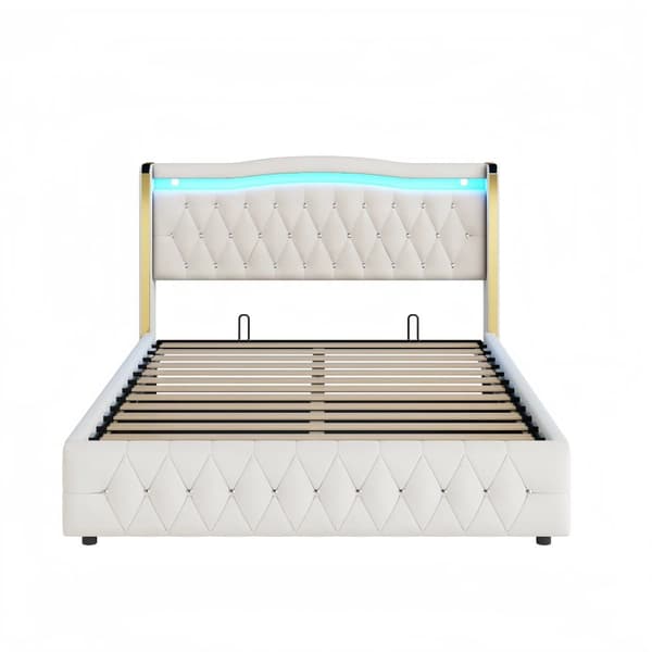 Polstret opbevaringsseng 140x200 cm med LED-belysning - Velour Stof - Beige