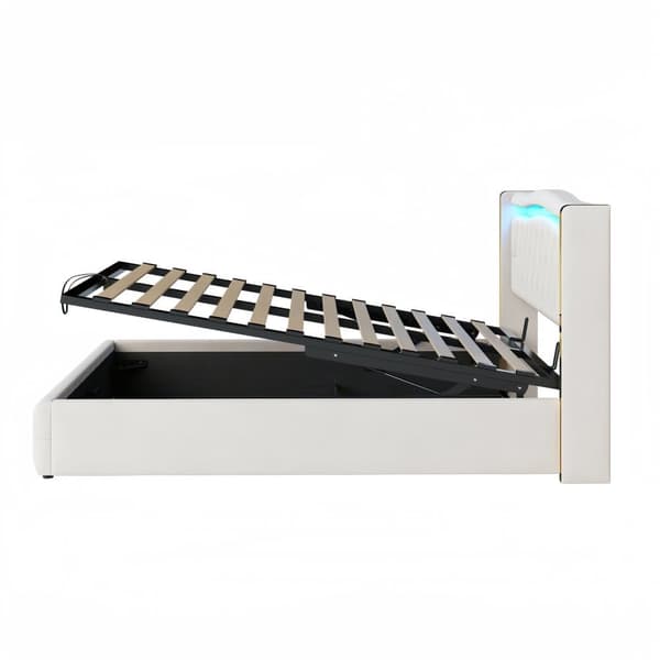 Polstret opbevaringsseng 140x200 cm med LED-belysning - Velour Stof - Beige