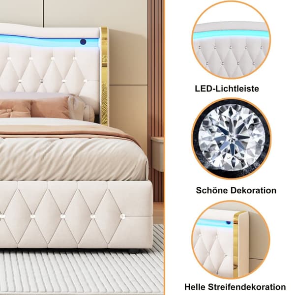 Polstret opbevaringsseng 140x200 cm med LED-belysning - Velour Stof - Beige