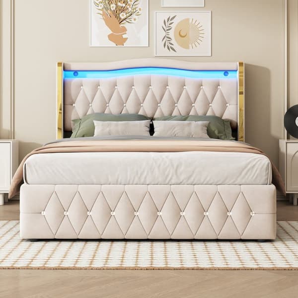 Polstret opbevaringsseng 140x200 cm med LED-belysning - Velour Stof - Beige