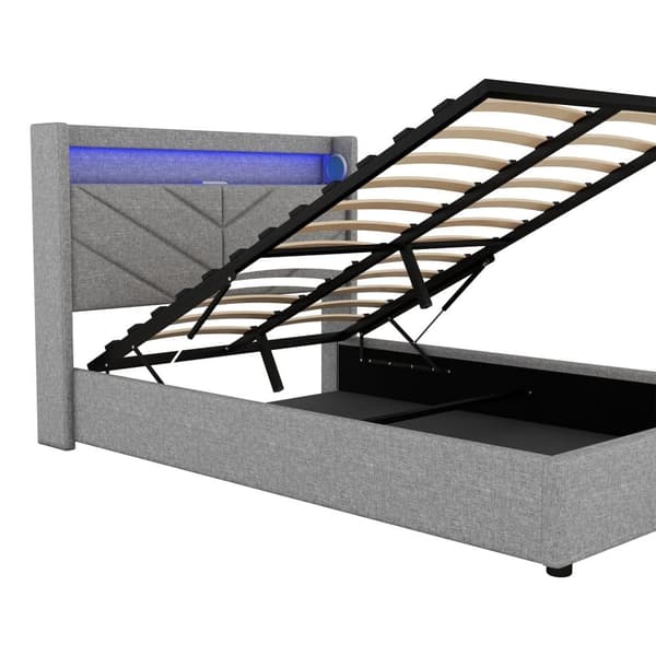 Sänky säilytystilalla 140 x 190 cm - Pellavakangas - LED- ja USB-liitännällä - Harmaa