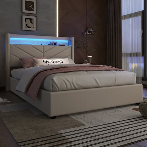 Seng med opbevaringsrum 140 x 190 cm - Hørstof - med LED og USB-tilslutning - Beige