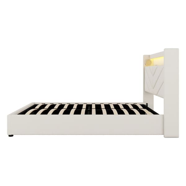 Seng med opbevaringsrum 140 x 190 cm - Hørstof - med LED og USB-tilslutning - Beige