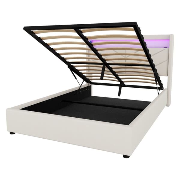 Seng med opbevaringsrum 140 x 190 cm - Hørstof - med LED og USB-tilslutning - Beige