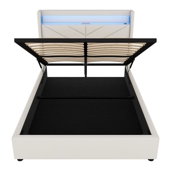 Seng med opbevaringsrum 140 x 190 cm - Hørstof - med LED og USB-tilslutning - Beige