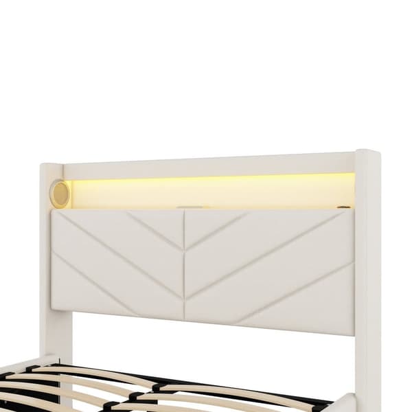 Seng med opbevaringsrum 140 x 190 cm - Hørstof - med LED og USB-tilslutning - Beige