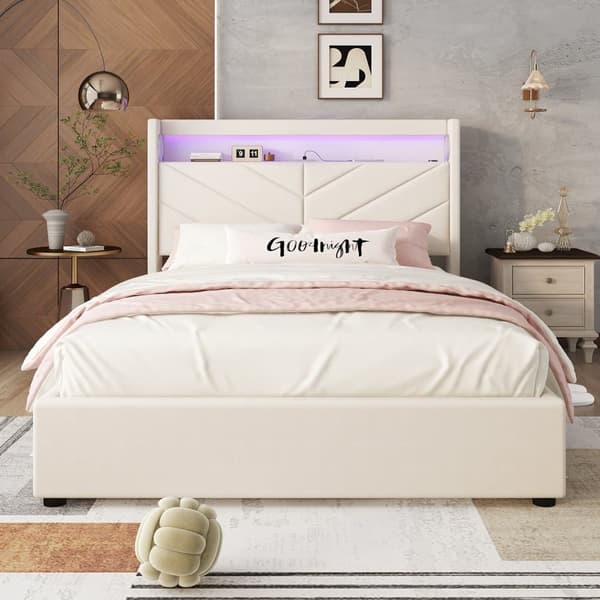 Seng med opbevaringsrum 140 x 190 cm - Hørstof - med LED og USB-tilslutning - Beige