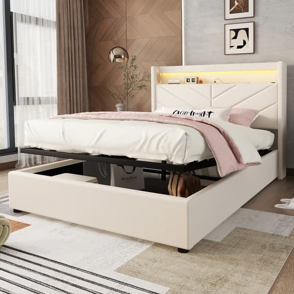 Seng med opbevaringsrum 140 x 190 cm - Hørstof - med LED og USB-tilslutning - Beige