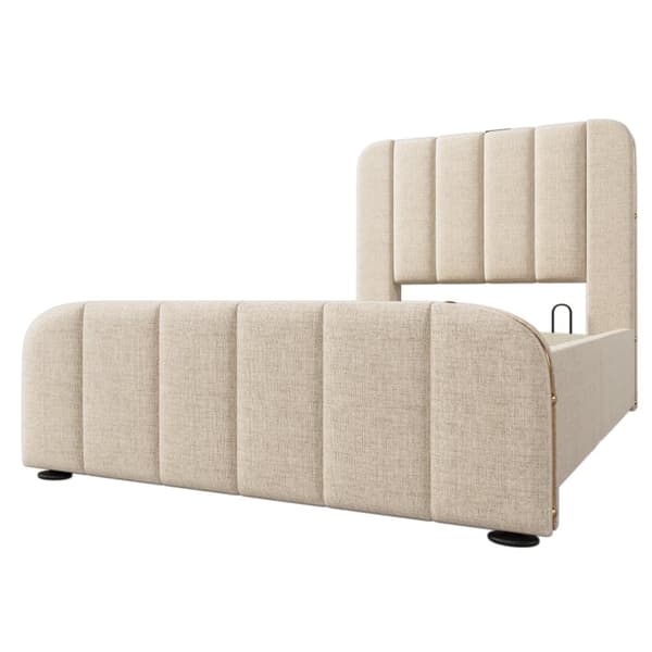 90 x 200 cm förvaringssäng tillverkad av linnetyg - med USB- och typ C-laddning - dekorerad med gyllene ränder - Beige
