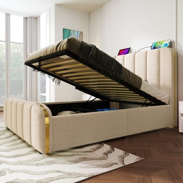 90 x 200 cm förvaringssäng tillverkad av linnetyg - med USB- och typ C-laddning - dekorerad med gyllene ränder - Beige