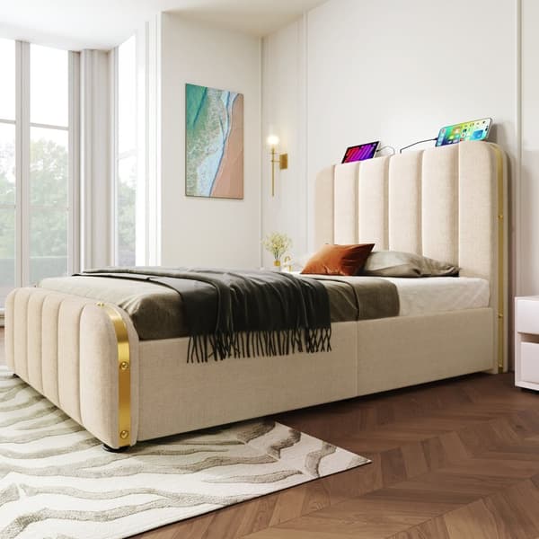 90 x 200 cm förvaringssäng tillverkad av linnetyg - med USB- och typ C-laddning - dekorerad med gyllene ränder - Beige