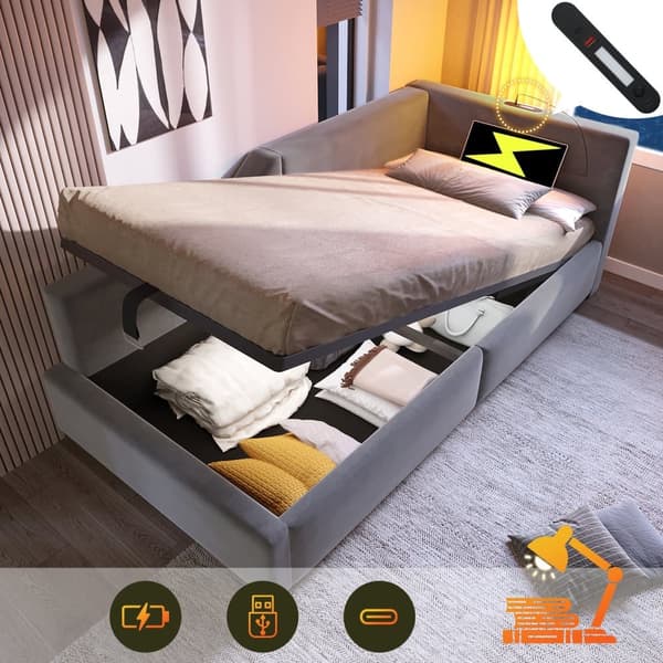 Seng med opbevaringsplads 90 x 200 cm - fløjl sovesofa - med læselampe og ladestik - med lamelramme - grå