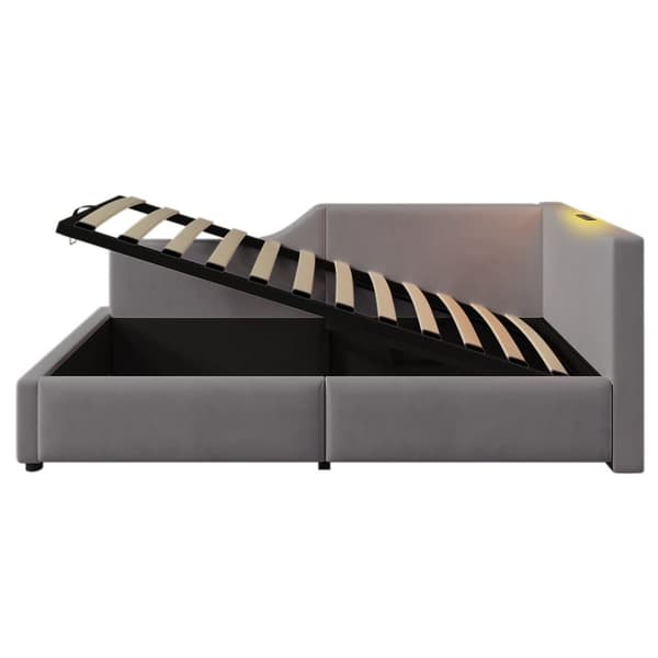 Seng med opbevaringsplads 90 x 200 cm - fløjl sovesofa - med læselampe og ladestik - med lamelramme - grå
