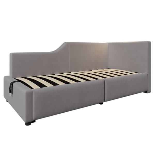 Seng med opbevaringsplads 90 x 200 cm - fløjl sovesofa - med læselampe og ladestik - med lamelramme - grå