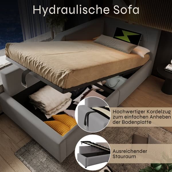 Seng med opbevaringsplads 90 x 200 cm - fløjl sovesofa - med læselampe og ladestik - med lamelramme - grå