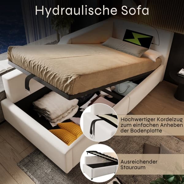Seng med opbevaringsplads 90 x 200 cm - Fløjl sovesofa - med læselampe og ladestik - med lamelramme - Beige