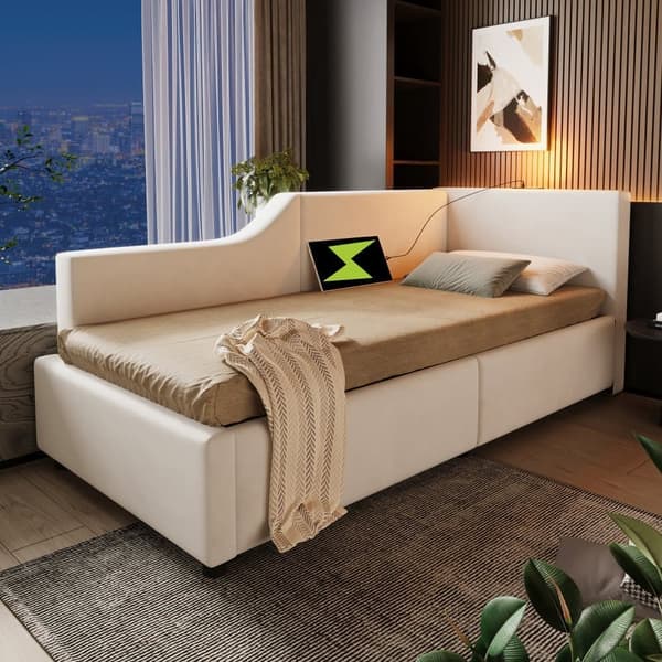 Seng med opbevaringsplads 90 x 200 cm - Fløjl sovesofa - med læselampe og ladestik - med lamelramme - Beige