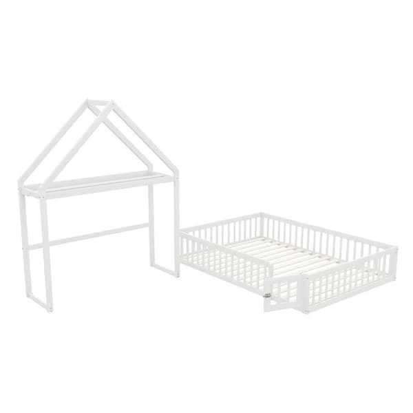 Hytteseng 140x200cm massivt træ - med tøjstang - hvid