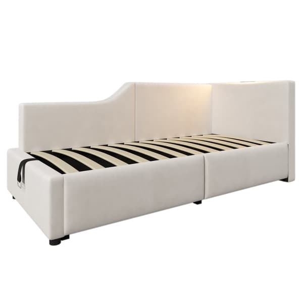Sänky säilytystilalla 90 x 190 cm - Samettinen vuodesohva - lukulampulla ja latauspistorasialla - sälekehyksellä - beige