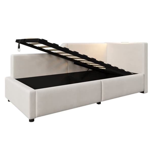 Sänky säilytystilalla 90 x 190 cm - Samettinen vuodesohva - lukulampulla ja latauspistorasialla - sälekehyksellä - beige