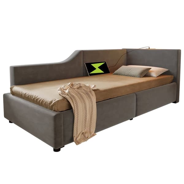 Seng med opbevaringsplads 90 x 190 cm - fløjl sovesofa - med læselampe og ladestik - med lamelramme - grå