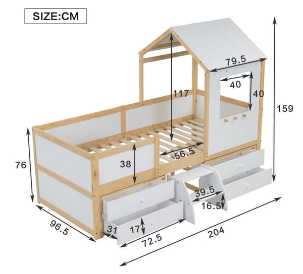Hems seng 90x200 cm med sikkerhedsbarriere - med 4 skuffer og trapper - lavet af fyrretræ og MDF - hvid og natur