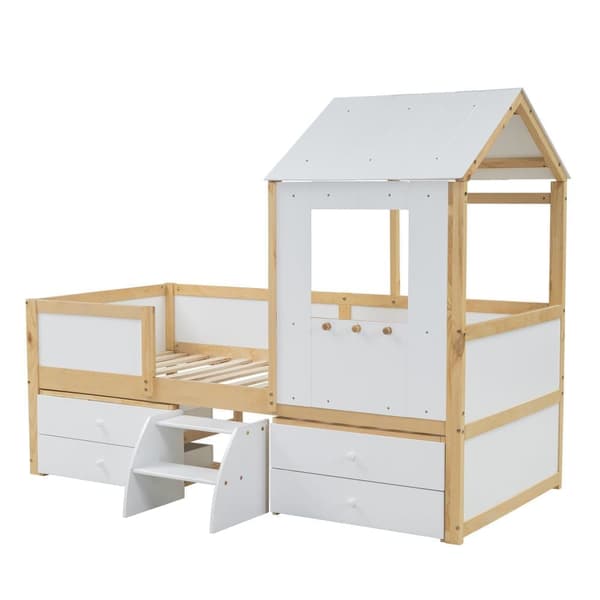 Hems seng 90x200 cm med sikkerhedsbarriere - med 4 skuffer og trapper - lavet af fyrretræ og MDF - hvid og natur