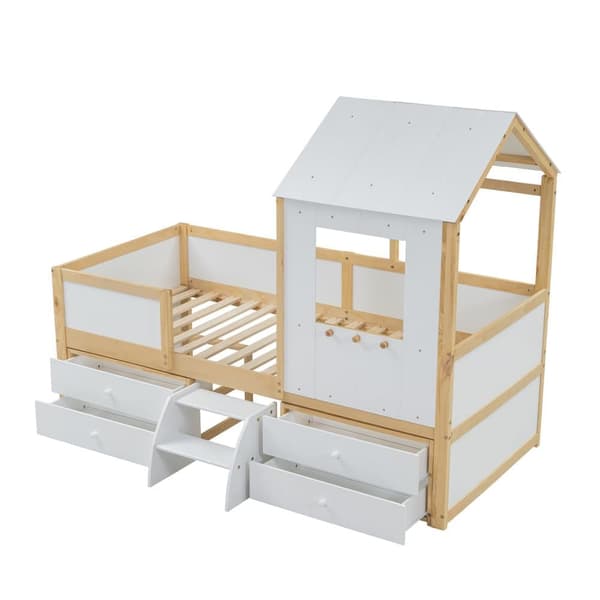 Hems seng 90x200 cm med sikkerhedsbarriere - med 4 skuffer og trapper - lavet af fyrretræ og MDF - hvid og natur