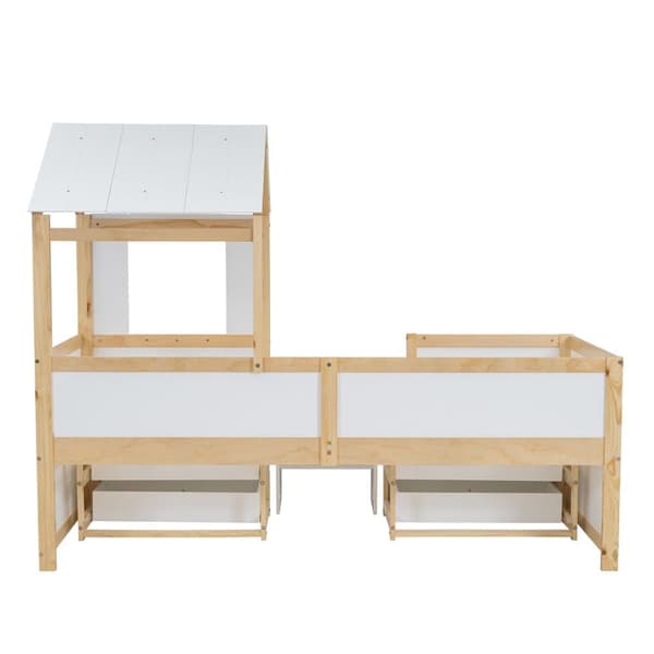 Hems seng 90x200 cm med sikkerhedsbarriere - med 4 skuffer og trapper - lavet af fyrretræ og MDF - hvid og natur