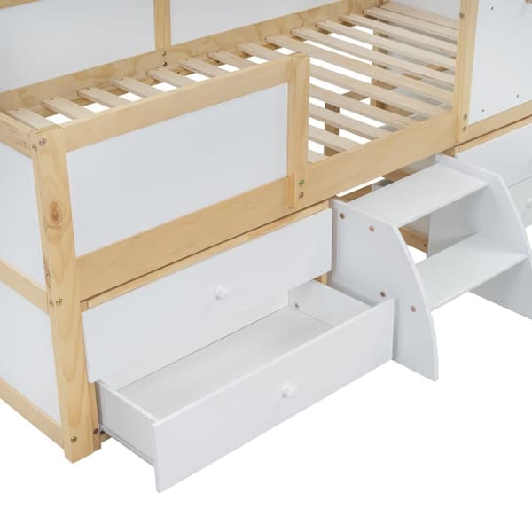 Hems seng 90x200 cm med sikkerhedsbarriere - med 4 skuffer og trapper - lavet af fyrretræ og MDF - hvid og natur