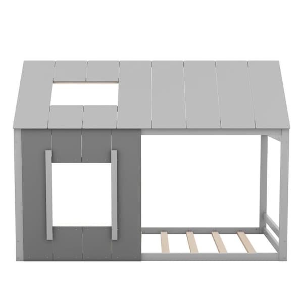 Loftsäng av furu 90x200cm - barnsäng med tak och fönster samt spjälstomme - grå