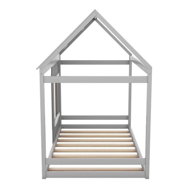Loftsäng av furu 90x200cm - barnsäng med tak och fönster samt spjälstomme - grå