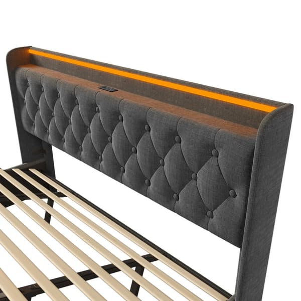180 x 200 cm seng med sengelinnedopbevaring - med LED og USB og type C tilslutninger - grå