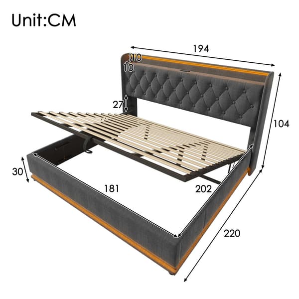 180 x 200 cm seng med sengelinnedopbevaring - med LED og USB og type C tilslutninger - grå