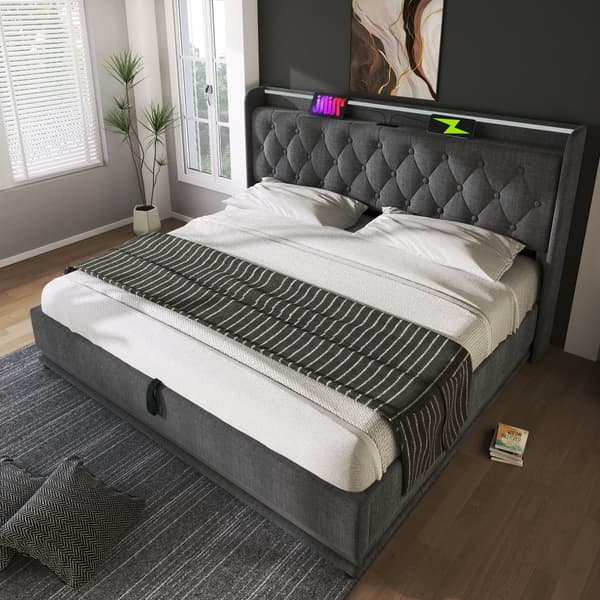 180 x 200 cm seng med sengelinnedopbevaring - med LED og USB og type C tilslutninger - grå