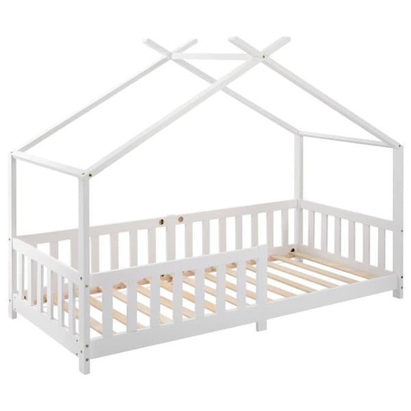 Loftsäng barnsäng 90x200cm av massivt trä med fallskydd och lamellram - vit