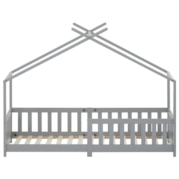 Loftsäng barnsäng 90x200cm av massivt trä med fallskydd och lamellram - grå