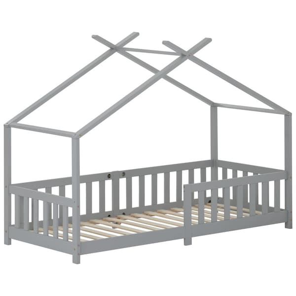 Loftsäng barnsäng 90x200cm av massivt trä med fallskydd och lamellram - grå