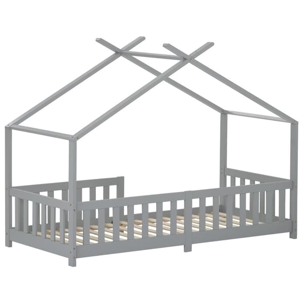Loftsäng barnsäng 90x200cm av massivt trä med fallskydd och lamellram - grå