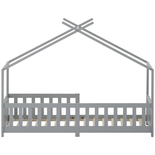 Loftsäng barnsäng 90x200cm av massivt trä med fallskydd och lamellram - grå