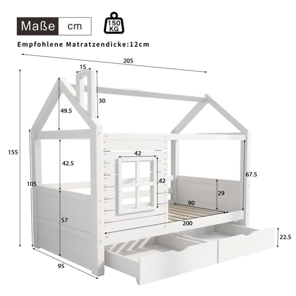 Parvisänky 90x200 cm, 2 laatikkoa - Talon muoto - Massiivipuu - Valkoinen