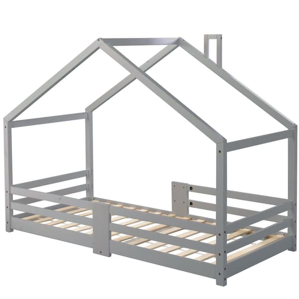 Hems med sikkerhedsgitter - 90 x 200 cm - massivt træ - grå