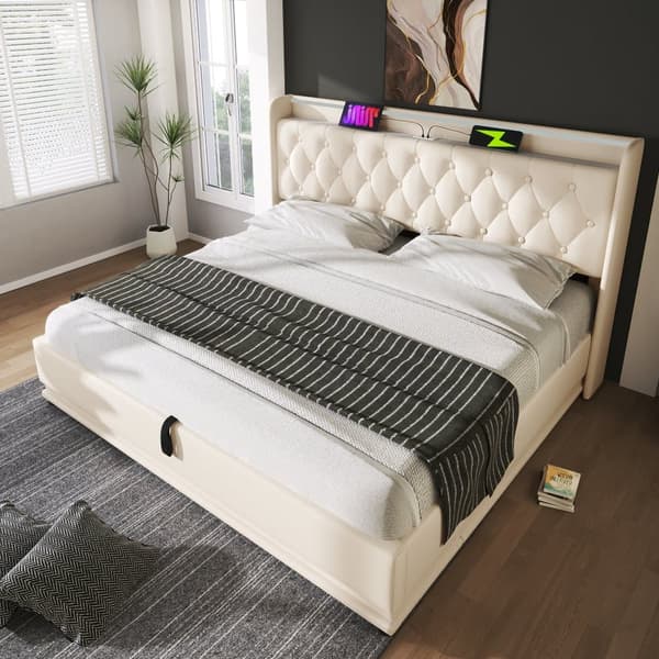 180 x 200 cm seng til opbevaring af linned - med LED og ladetilslutninger - Beige