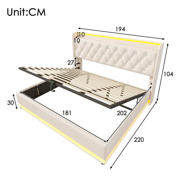 180 x 200 cm seng til opbevaring af linned - med LED og ladetilslutninger - Beige