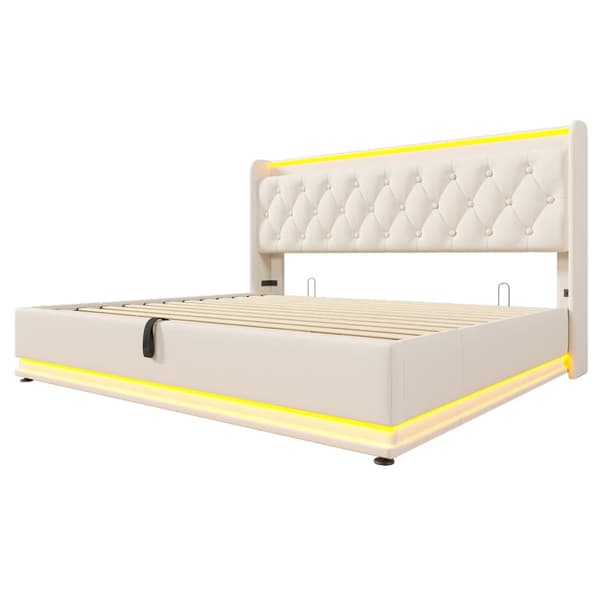 180 x 200 cm seng til opbevaring af linned - med LED og ladetilslutninger - Beige