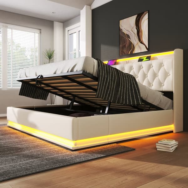 180 x 200 cm seng til opbevaring af linned - med LED og ladetilslutninger - Beige